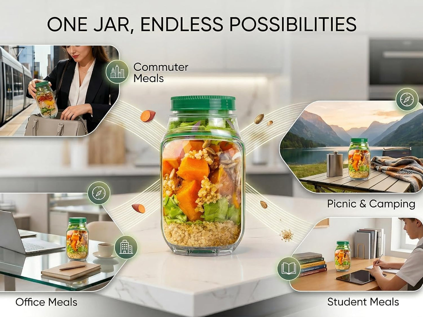 Leakproof Salad Jar with Side Opening & Dressing Container