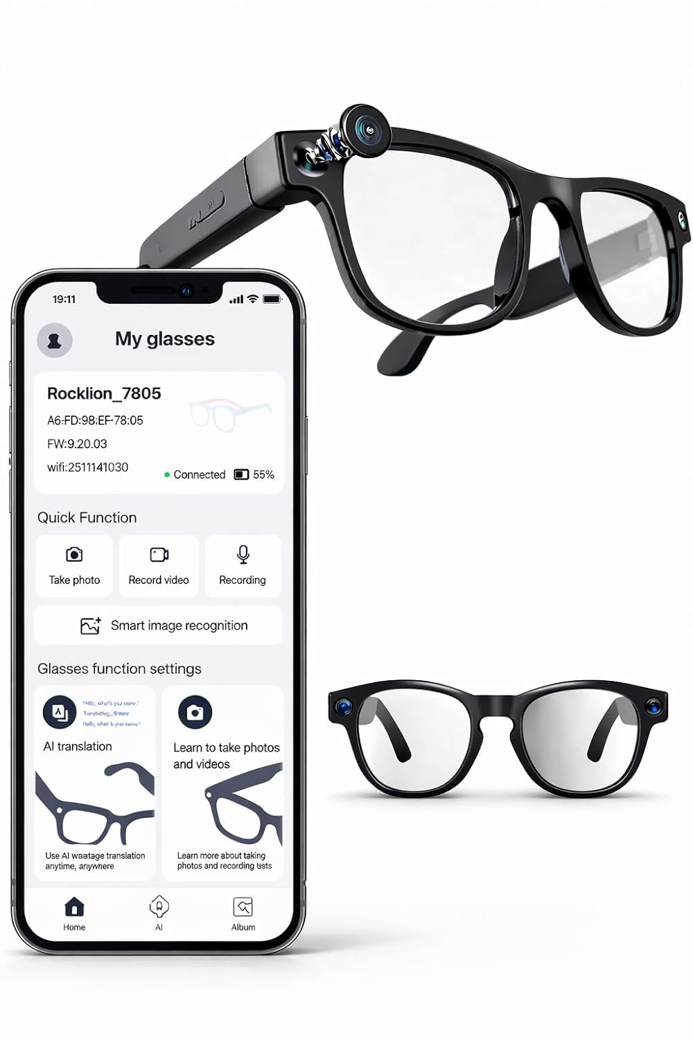 Smart AI Camera Glasses , 1200P HD Video Recording