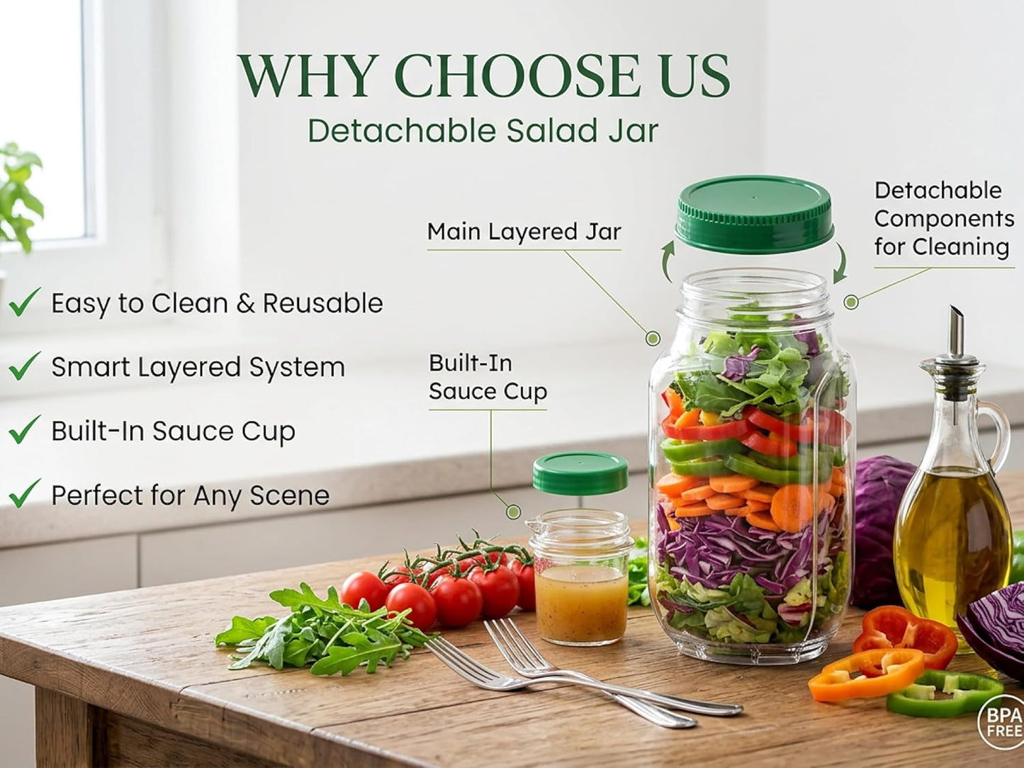 Leakproof Salad Jar with Side Opening & Dressing Container