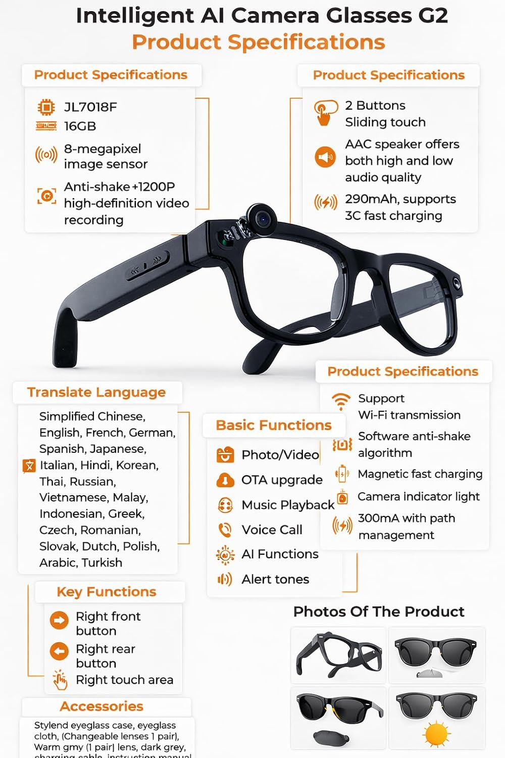 Smart AI Camera Glasses , 1200P HD Video Recording