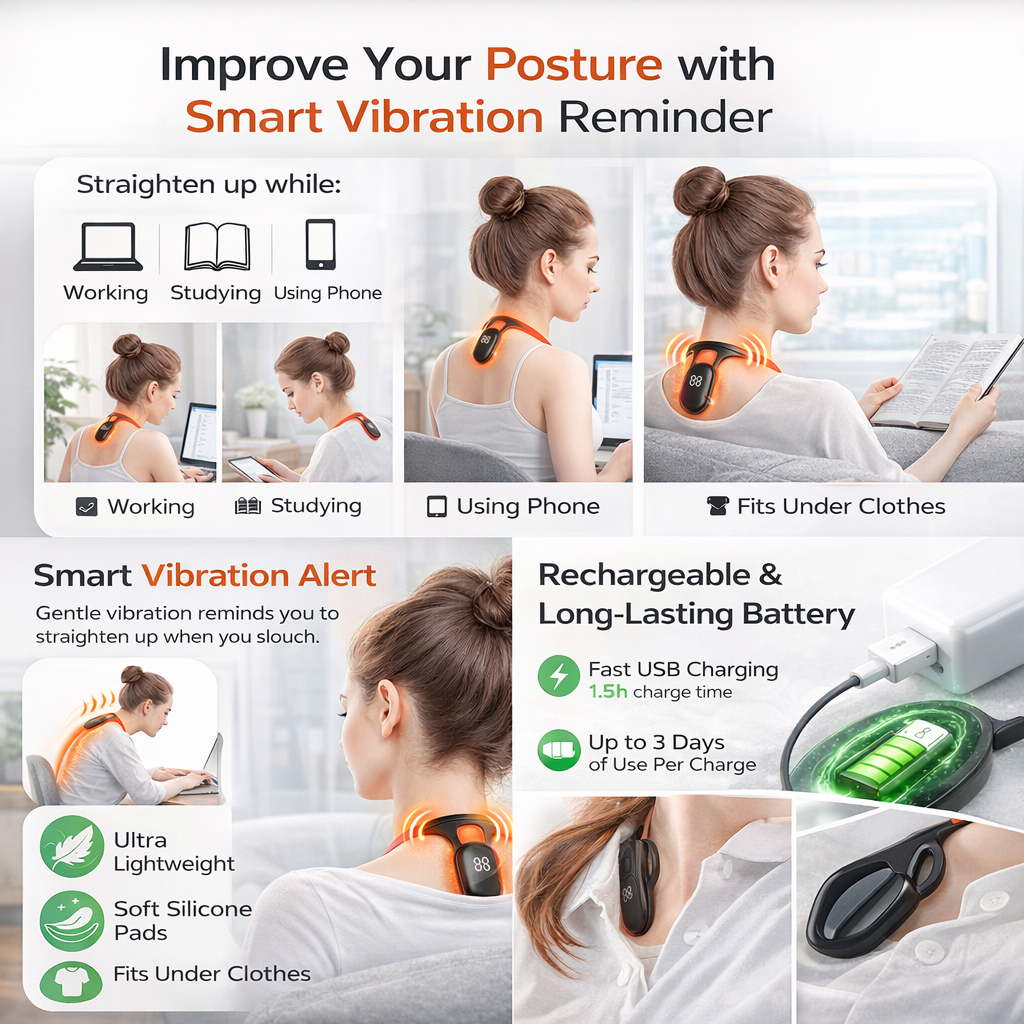 Smart Posture Corrector Device – Rechargeable Neck & Back Support Trainer with Vibration Alert