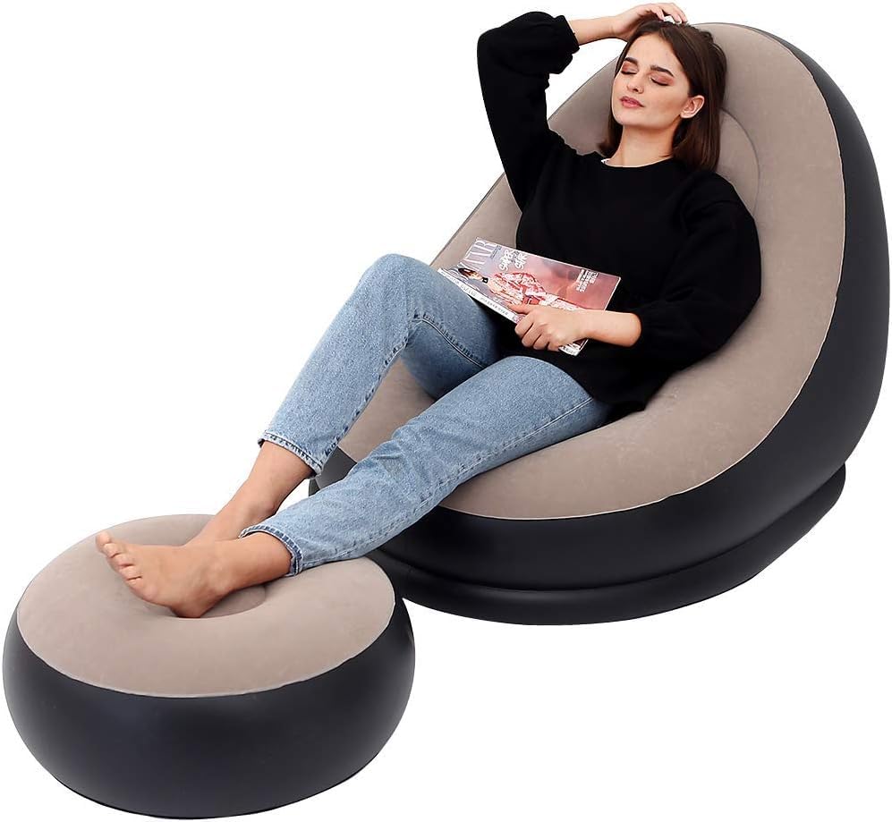 Dhyeraa Inflatable Lounger Set, 2-in-1 Sofa Chair with Footstool, Portable Outdoor Recliner with Air Pump, Multicolor (Khaki)|B0FC2Z2RPX