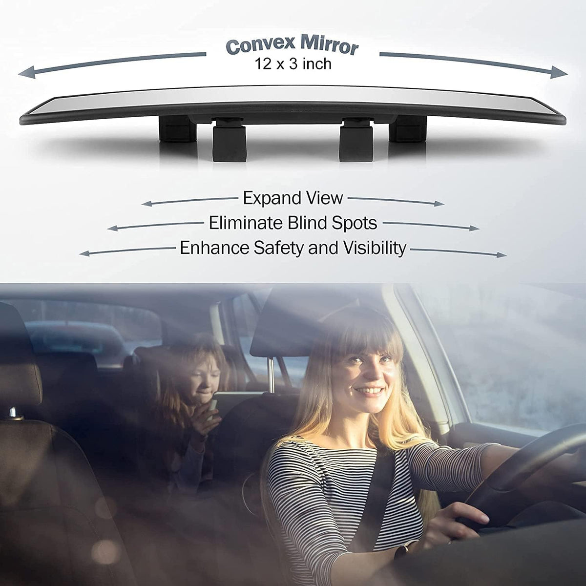 Wide Angle Panoramic Rear View Mirror – Large Vision | Blind Spot Reduction | Safer Driving (MV-132)