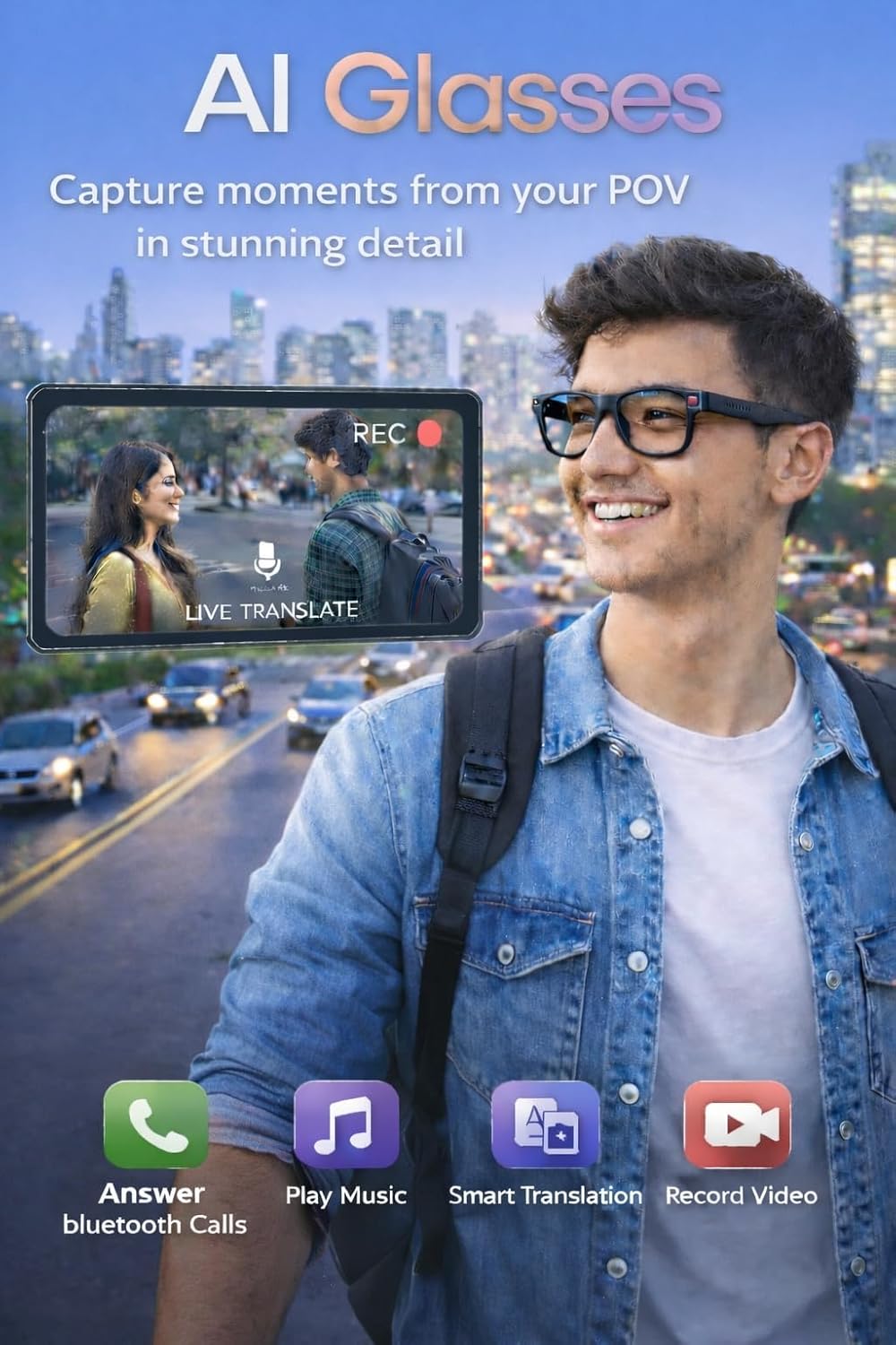 Smart AI Camera Glasses , 1200P HD Video Recording