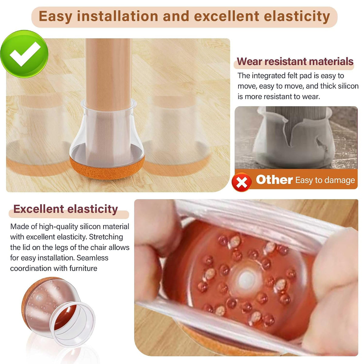 Chair Leg Floor Protectors – Silicone Furniture Caps with Felt Pads, Non-Slip & Noise-Reducing, Pack of 16