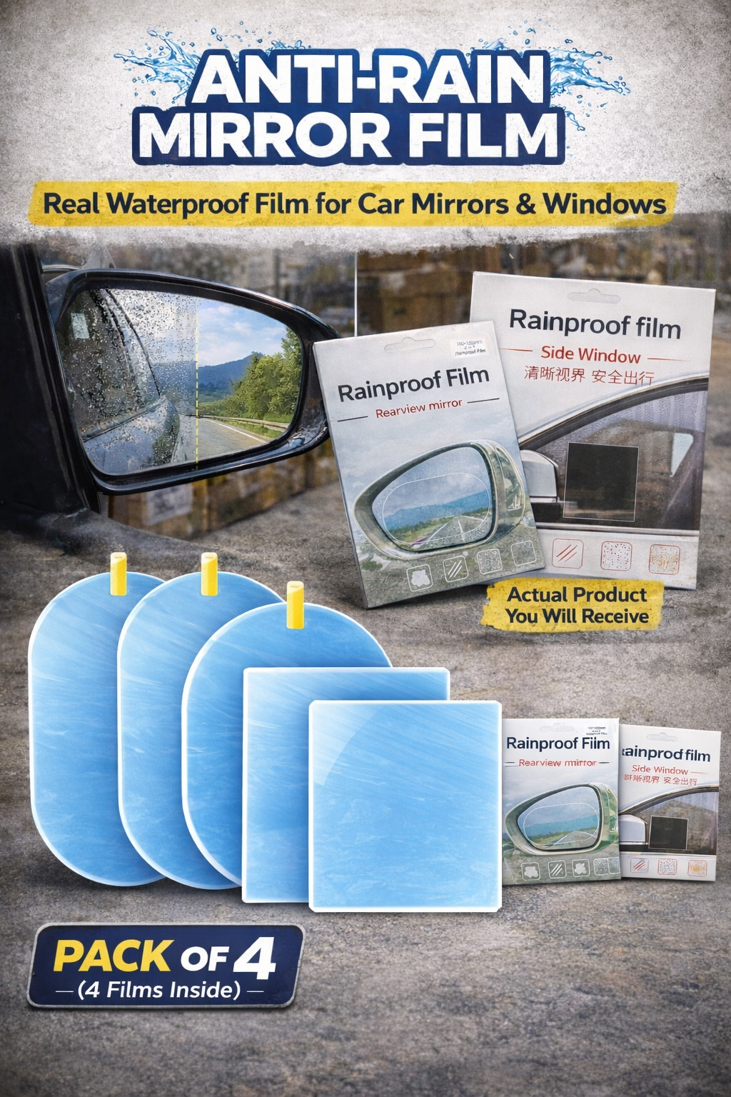 Anti-Rain Car Mirror Film (Pack of 4) – Clear Vision in Rain & Fog